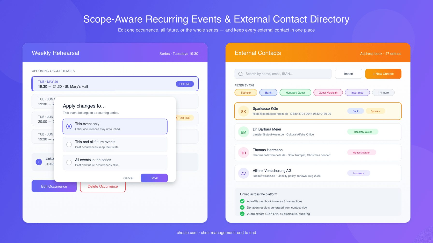 Editing Whole Rehearsal Series and Keeping All External Contacts in One Place: Two New Features for Choir Life